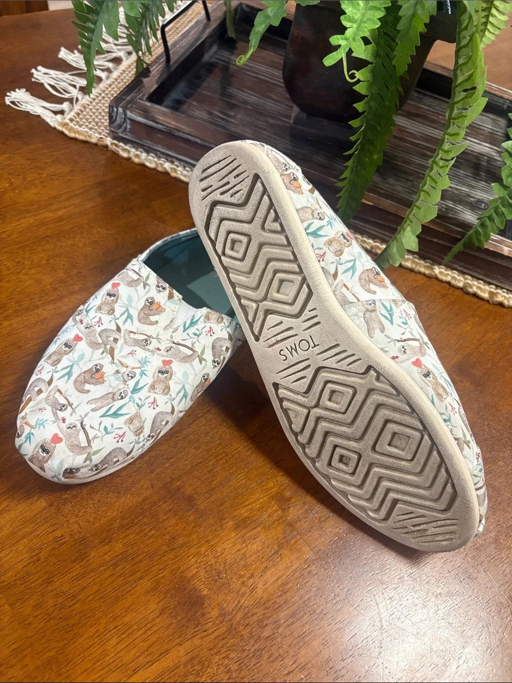 Toms Slip-On Flats in Cream with Teal Insole and Sloth Print